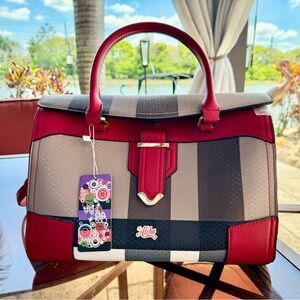 Plaid Pattern Fold Over Tote with wallet - Red/Brown